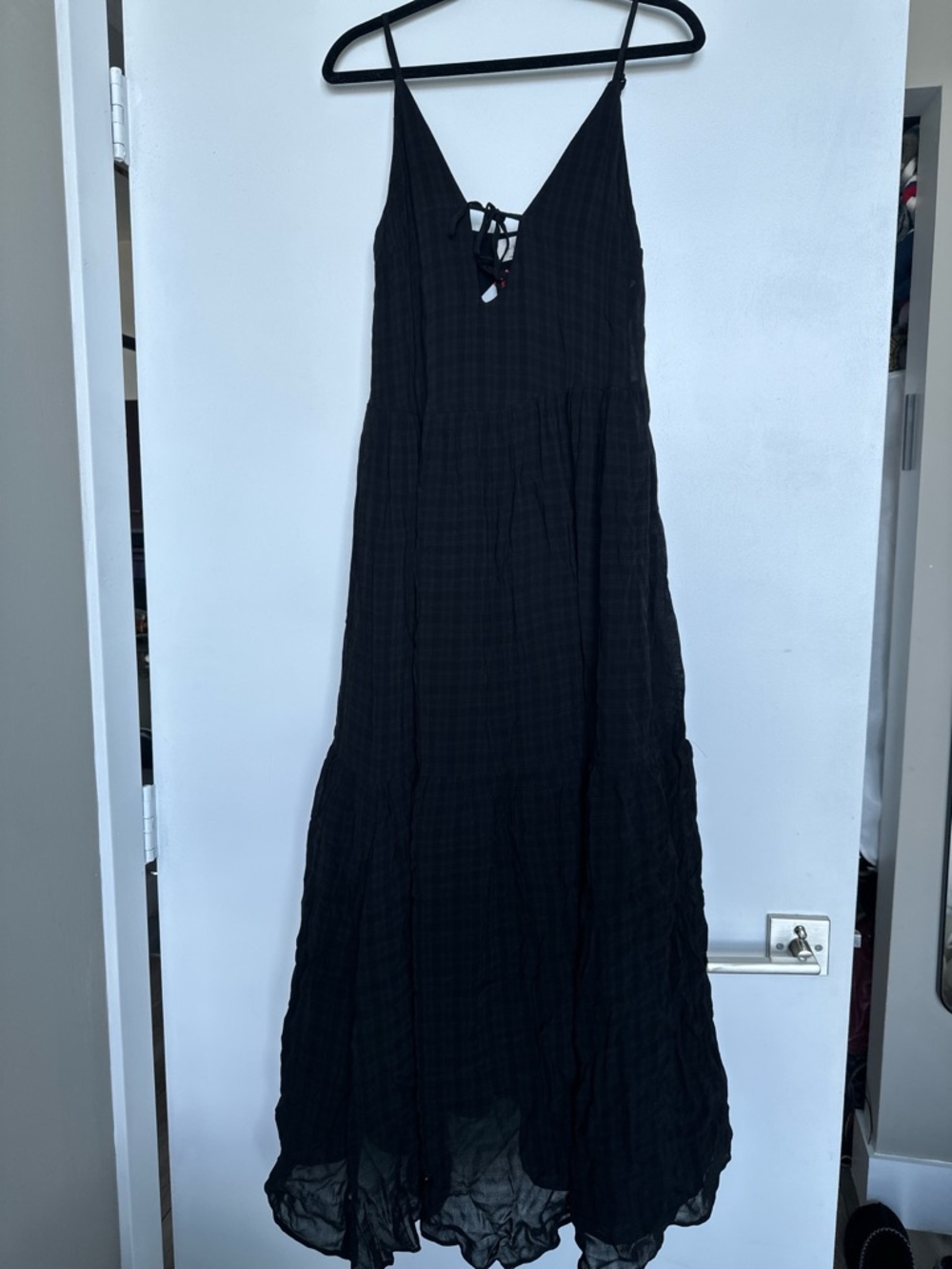 Wilfred (Aritzia) Black Plaid Maxi Dress with Front Tie